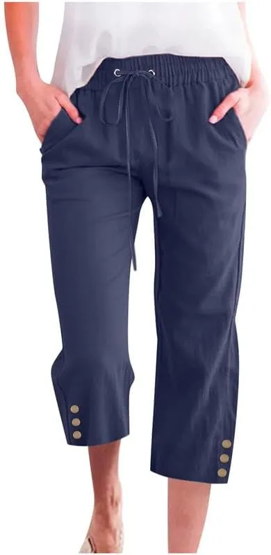 Womens Capris Pants High Waist Drawstring Comfy Casual Lightweight Loose Trousers Buttons Trim with Pockets