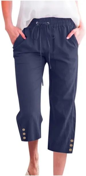 Womens Capris Pants High Waist Drawstring Comfy Casual Lightweight Loose Trousers Buttons Trim with Pockets