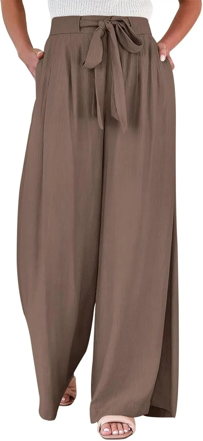 Womens Casual High Waist Wide Leg Pants Summer Long Palazzo Pants Lounge Beach Trousers with Pocket