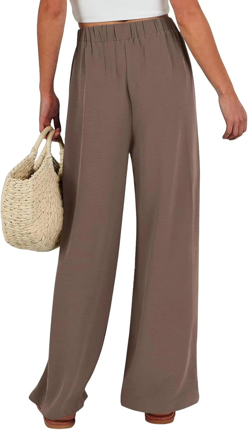 Womens Casual High Waist Wide Leg Pants Summer Long Palazzo Pants Lounge Beach Trousers with Pocket
