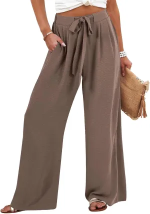 Womens Casual High Waist Wide Leg Pants Summer Long Palazzo Pants Lounge Beach Trousers with Pocket