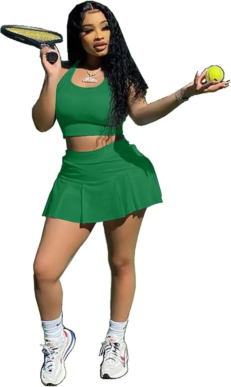 Womens Casual Sports 2 Piece Outfits Skirt Sets Athletic Tank Crop Top Mini Pleated Tennis Golf Skorts Skirts Activewear