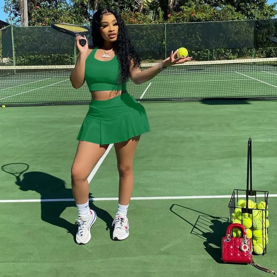 Womens Casual Sports 2 Piece Outfits Skirt Sets Athletic Tank Crop Top Mini Pleated Tennis Golf Skorts Skirts Activewear