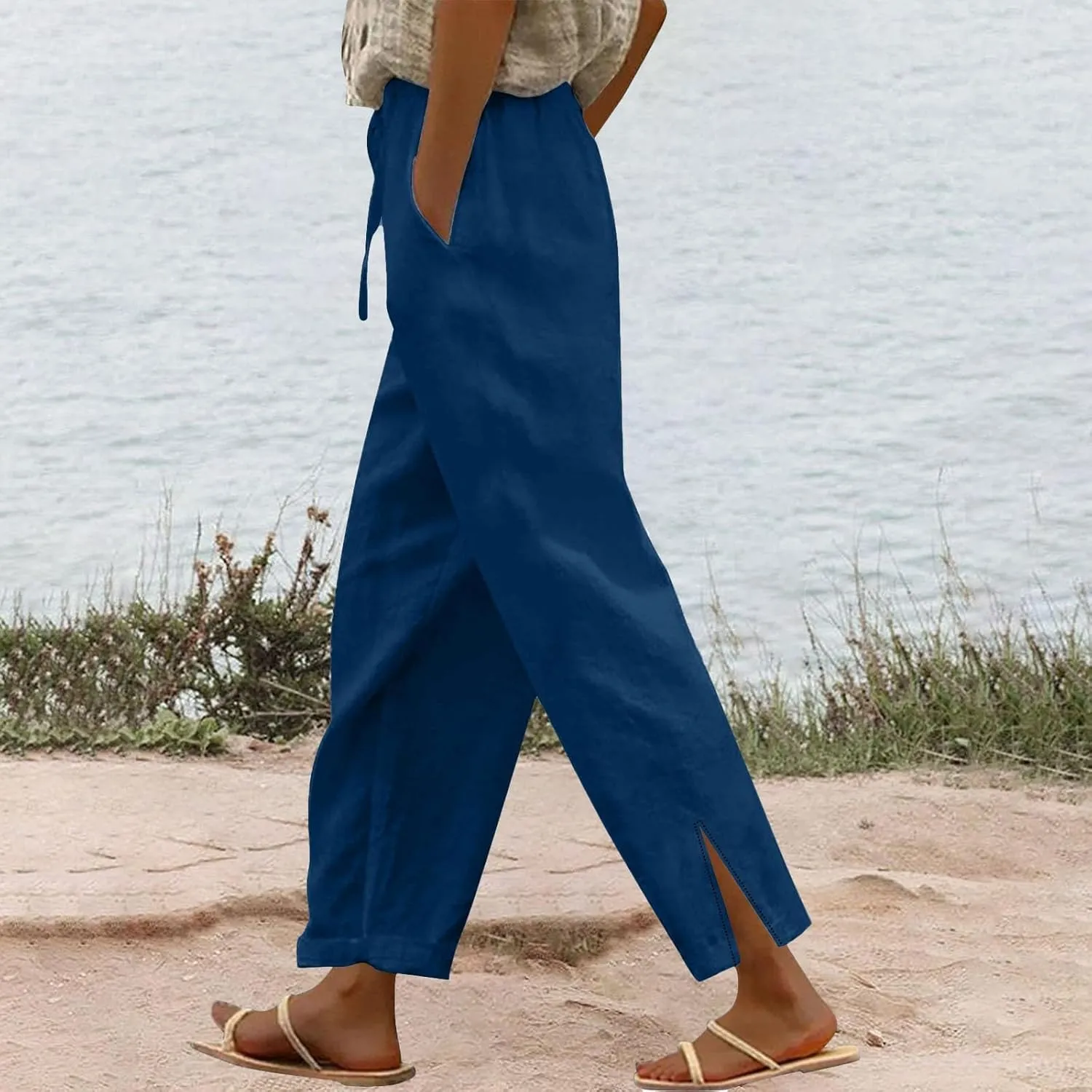 Womens Cotton Linen Cropped Pants Summer High Waist Elastic Straight Leg Lounge Pant Vacation Beach Trousers