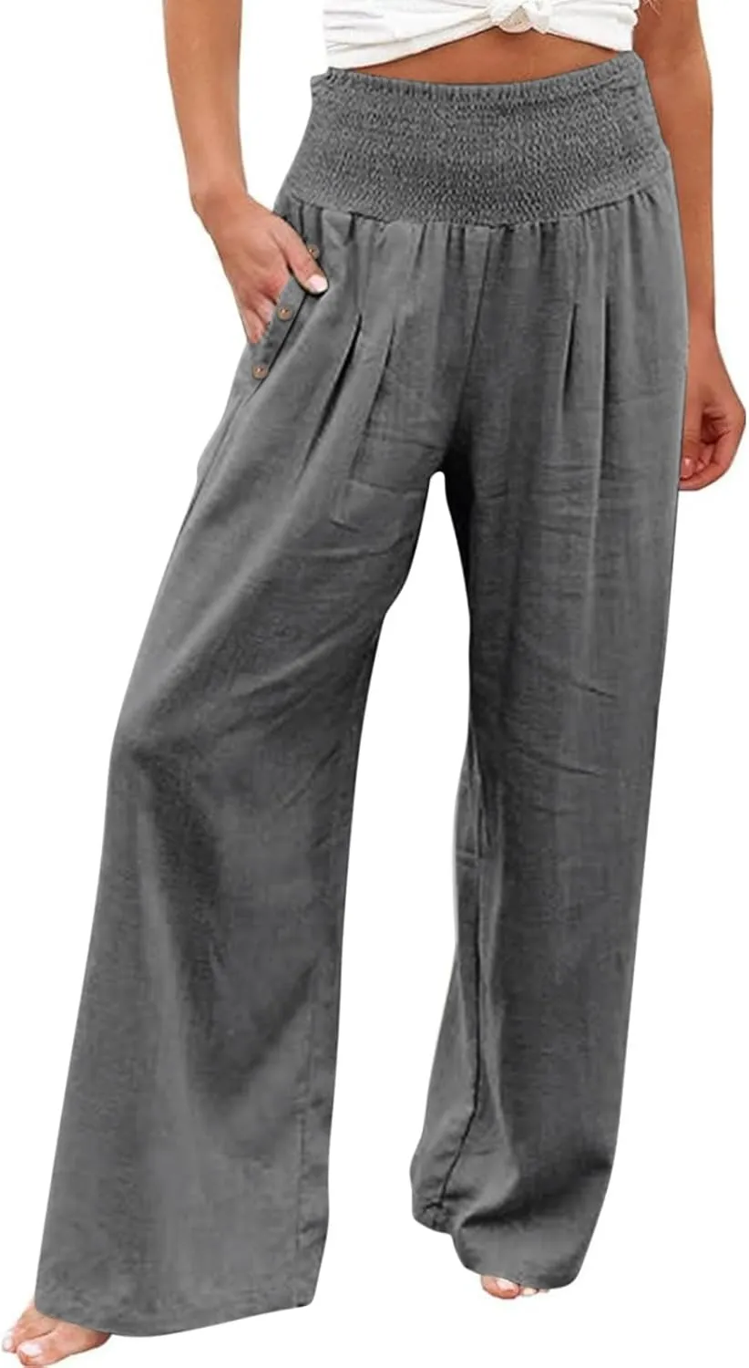 Womens Cotton Linen Palazzo Pants Casual Summer Pants Drawstring Elastic Waist Wide Leg Loose Trousers Lounge Pants