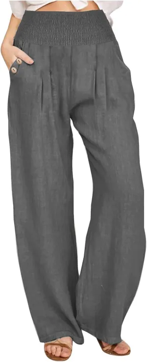 Womens Cotton Linen Palazzo Pants Casual Summer Pants Drawstring Elastic Waist Wide Leg Loose Trousers Lounge Pants