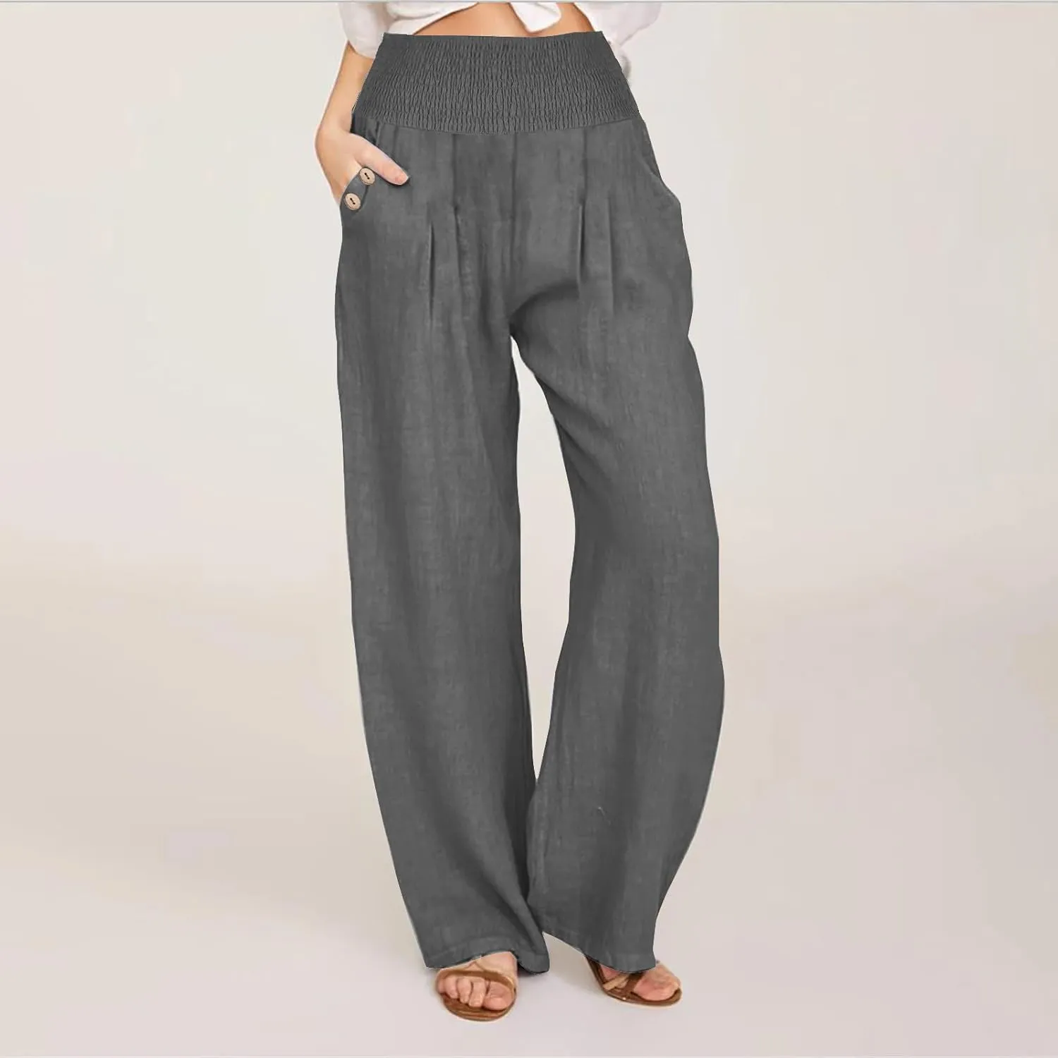 Womens Cotton Linen Palazzo Pants Casual Summer Pants Drawstring Elastic Waist Wide Leg Loose Trousers Lounge Pants