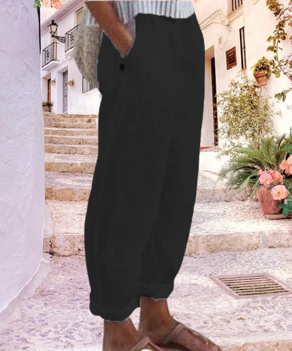 Women's Cotton Linen Pants Casual Elastic High Waisted Straight Leg Palazzo Pants with Pockets Solid Comfy Trousers