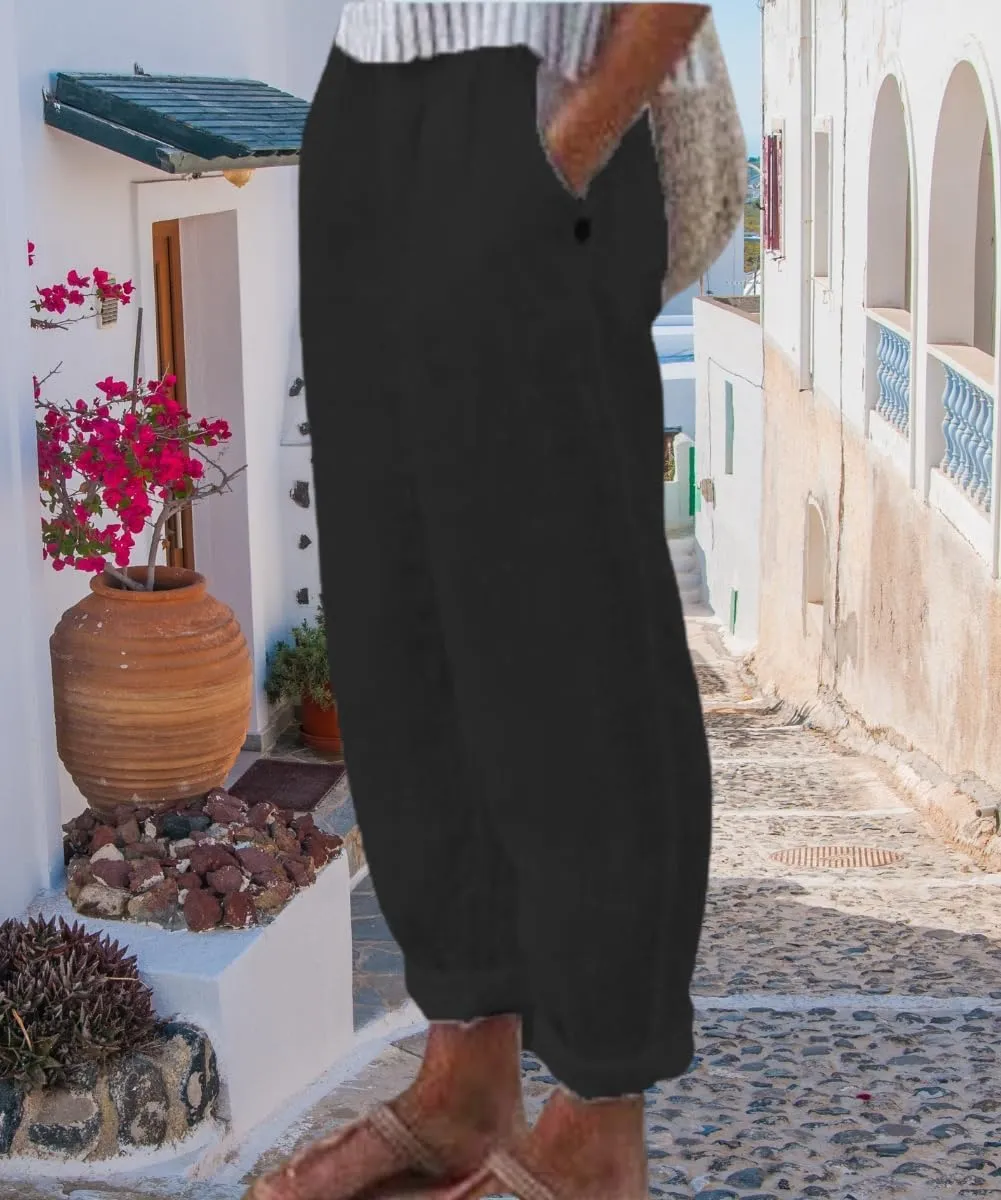Women's Cotton Linen Pants Casual Elastic High Waisted Straight Leg Palazzo Pants with Pockets Solid Comfy Trousers