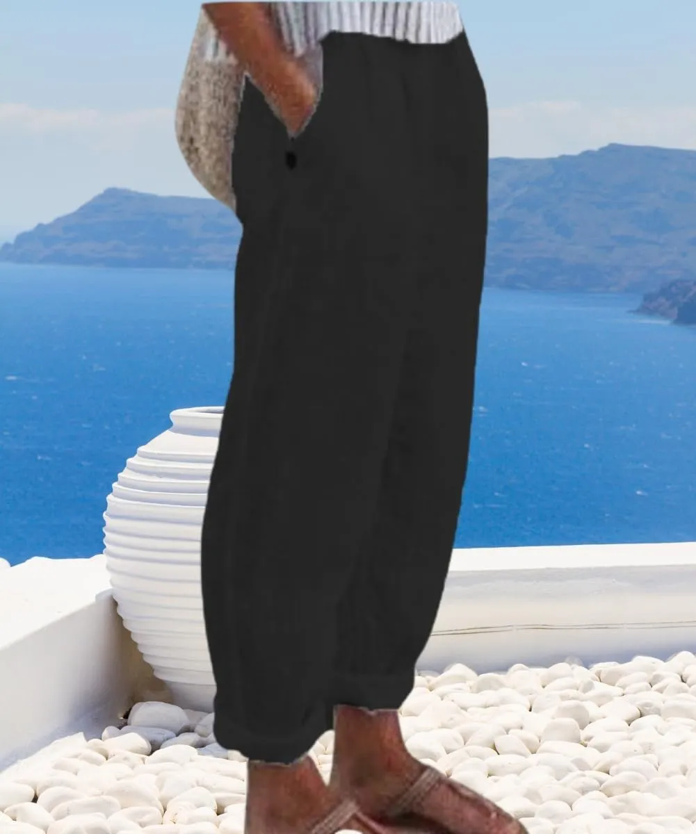 Women's Cotton Linen Pants Casual Elastic High Waisted Straight Leg Palazzo Pants with Pockets Solid Comfy Trousers