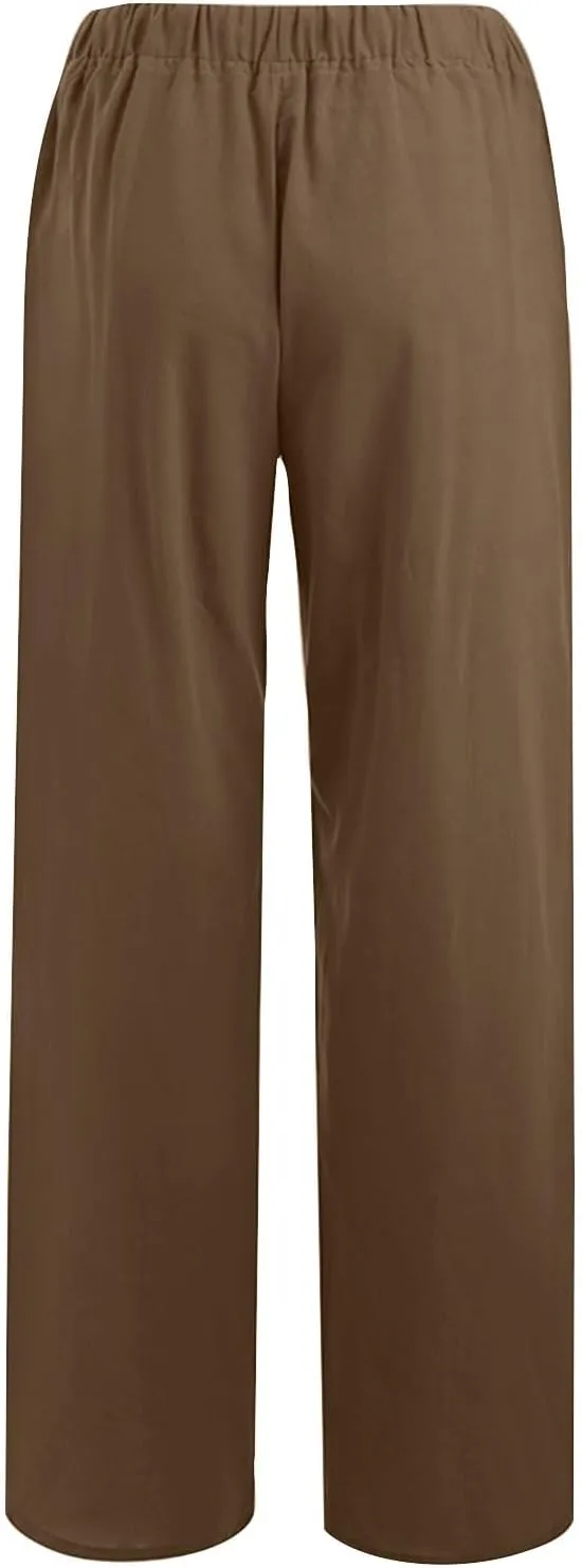 Women's Cotton Linen Pants Summer Drawstring High Waisted Palazzo Pants Casual Wide Leg Yoga Pants with Pockets