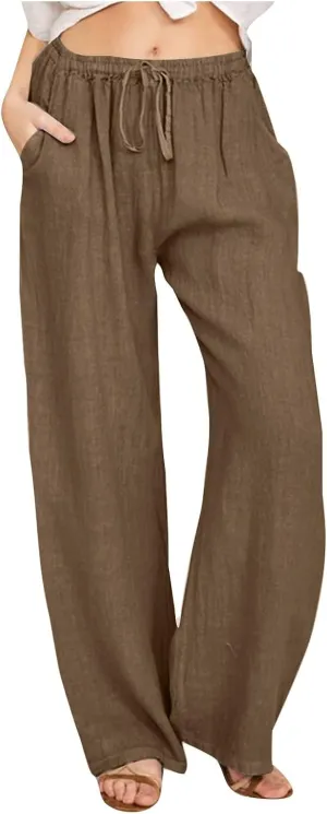 Women's Cotton Linen Pants Summer Drawstring High Waisted Palazzo Pants Casual Wide Leg Yoga Pants with Pockets
