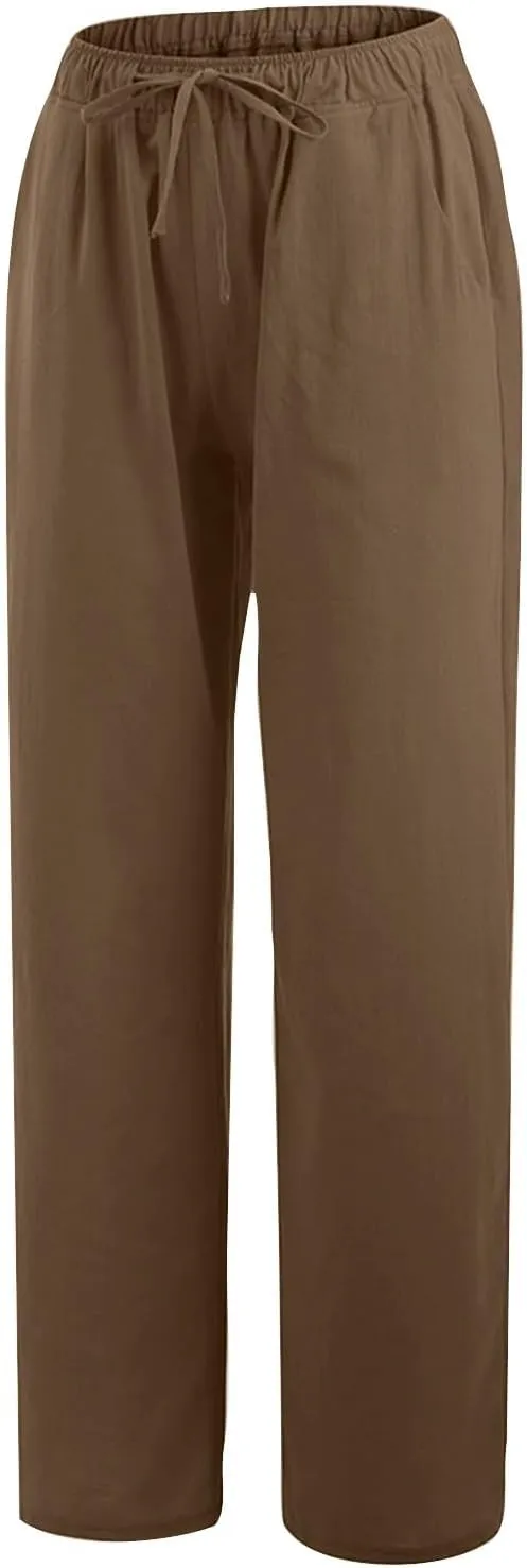 Women's Cotton Linen Pants Summer Drawstring High Waisted Palazzo Pants Casual Wide Leg Yoga Pants with Pockets