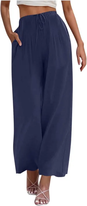 Women's Cotton Linen Pants Summer Drawstring Palazzo Pants Flowy Wide Leg Pants Beach Vacation Clothes with Pockets