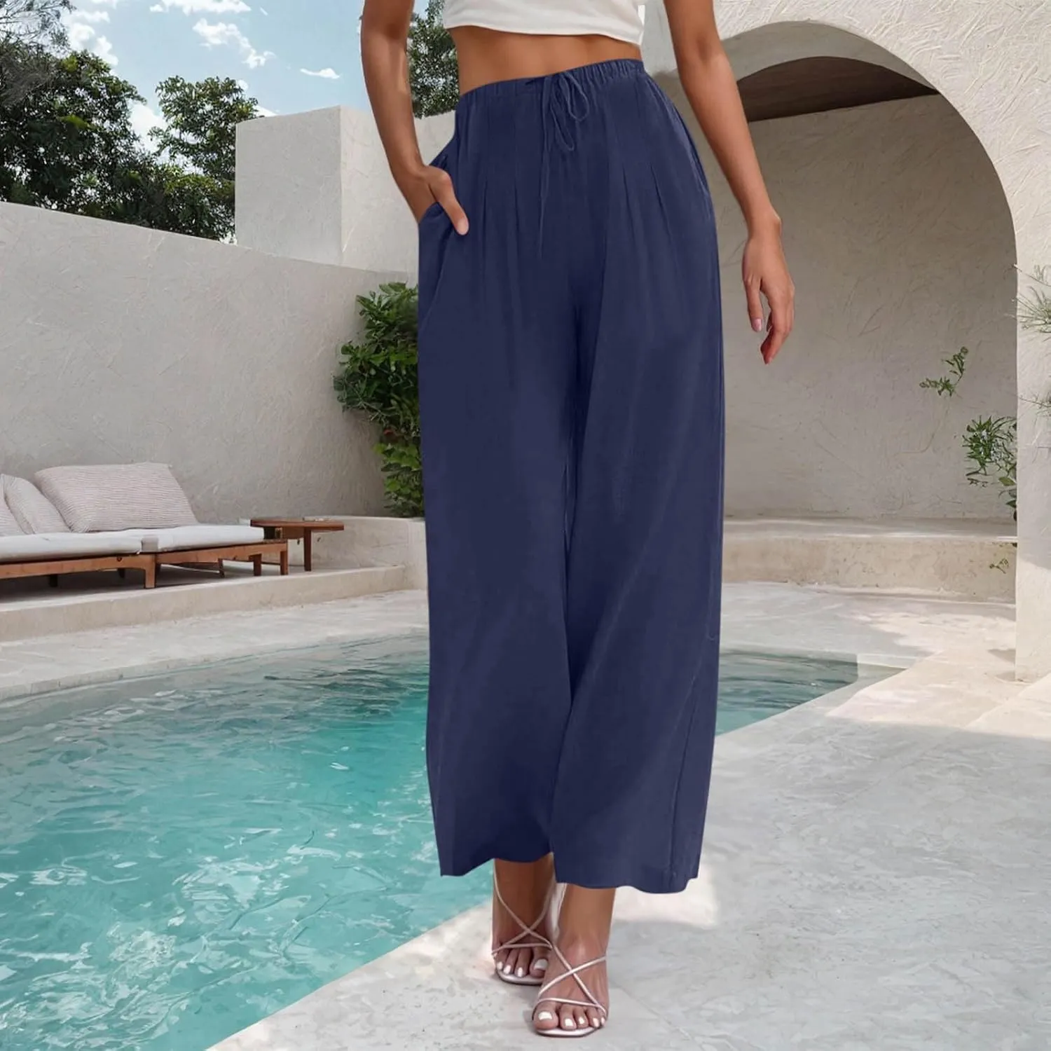 Women's Cotton Linen Pants Summer Drawstring Palazzo Pants Flowy Wide Leg Pants Beach Vacation Clothes with Pockets