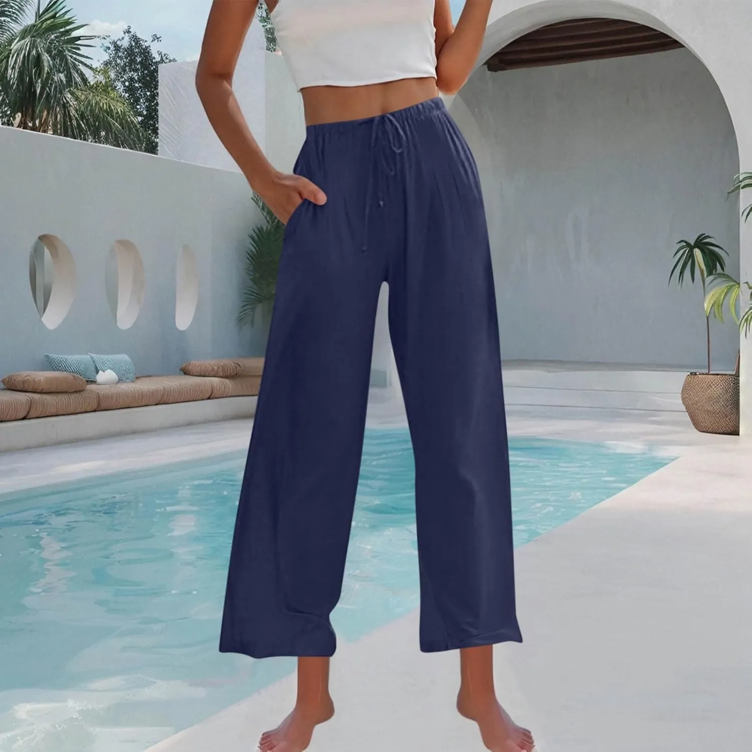 Women's Cotton Linen Pants Summer Drawstring Palazzo Pants Flowy Wide Leg Pants Beach Vacation Clothes with Pockets