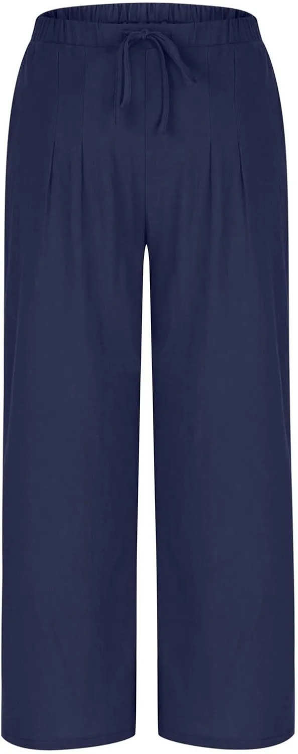 Women's Cotton Linen Pants Summer Drawstring Palazzo Pants Flowy Wide Leg Pants Beach Vacation Clothes with Pockets