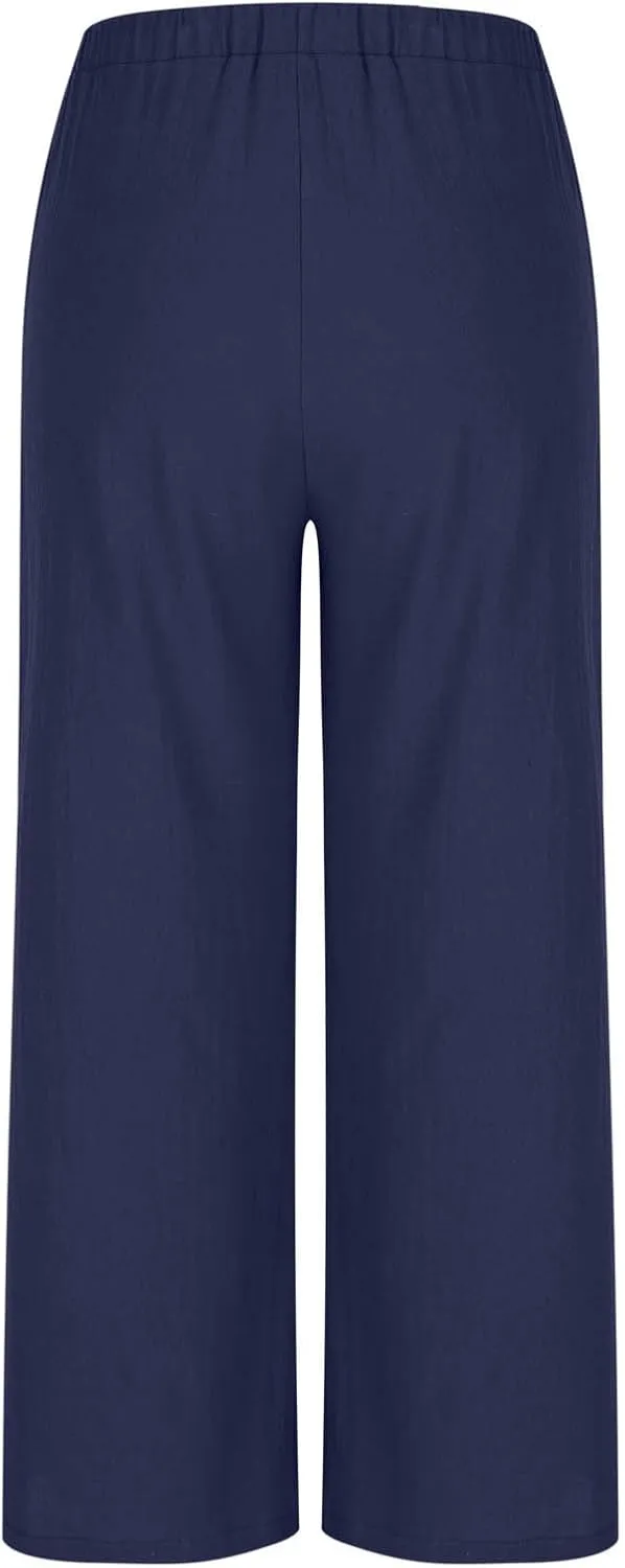Women's Cotton Linen Pants Summer Drawstring Palazzo Pants Flowy Wide Leg Pants Beach Vacation Clothes with Pockets