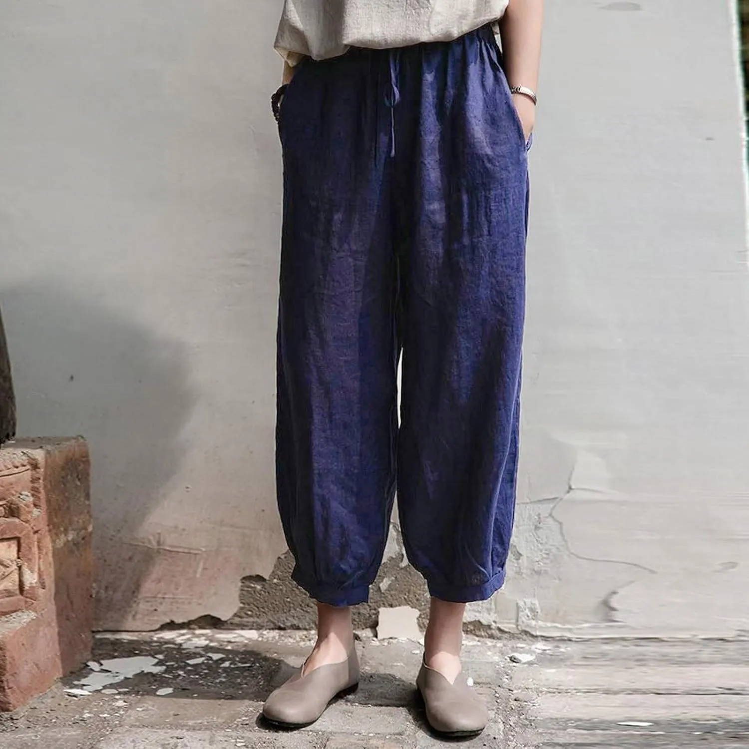 Women's Cotton Linen Summer Casual Flowy Pant Trousers High Waist Stretchy Straight Plus Size Pant