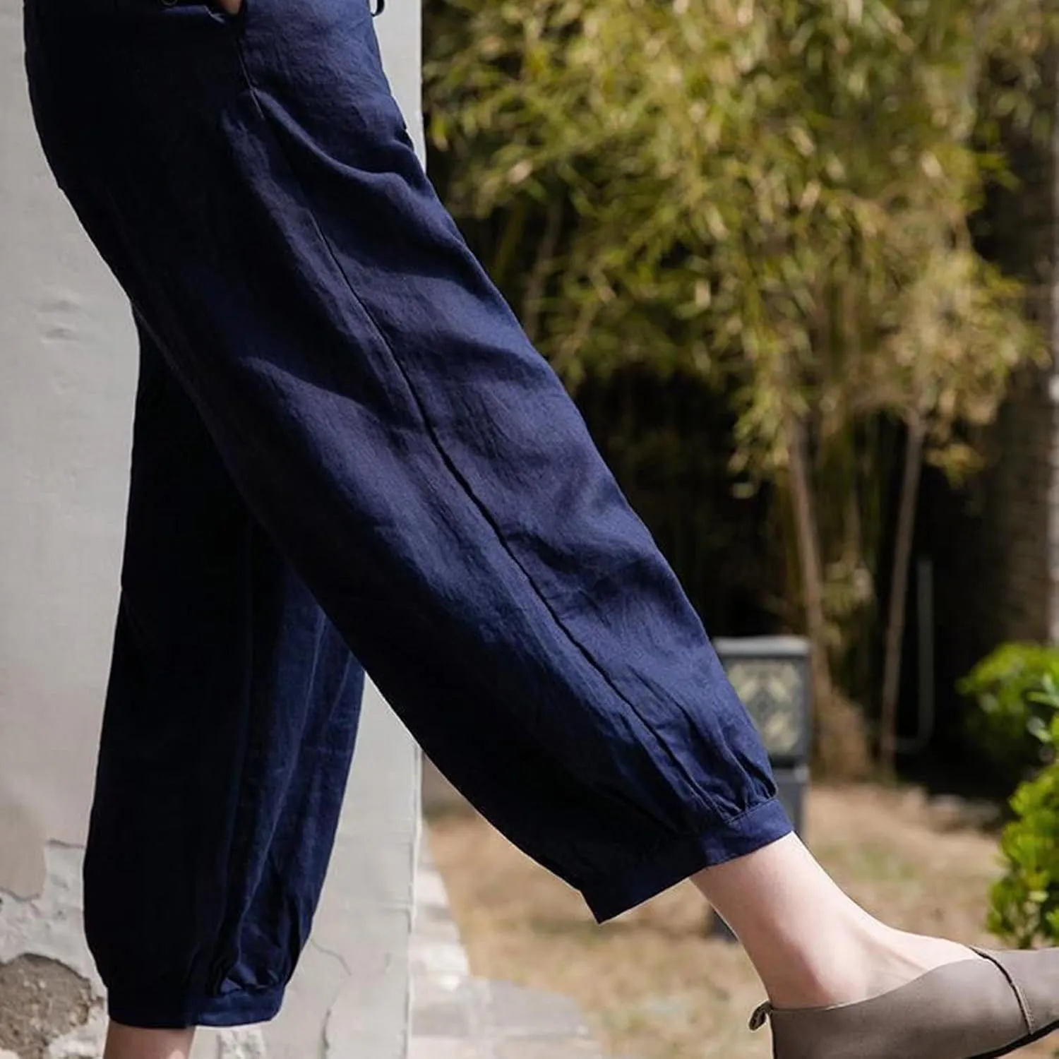 Women's Cotton Linen Summer Casual Flowy Pant Trousers High Waist Stretchy Straight Plus Size Pant