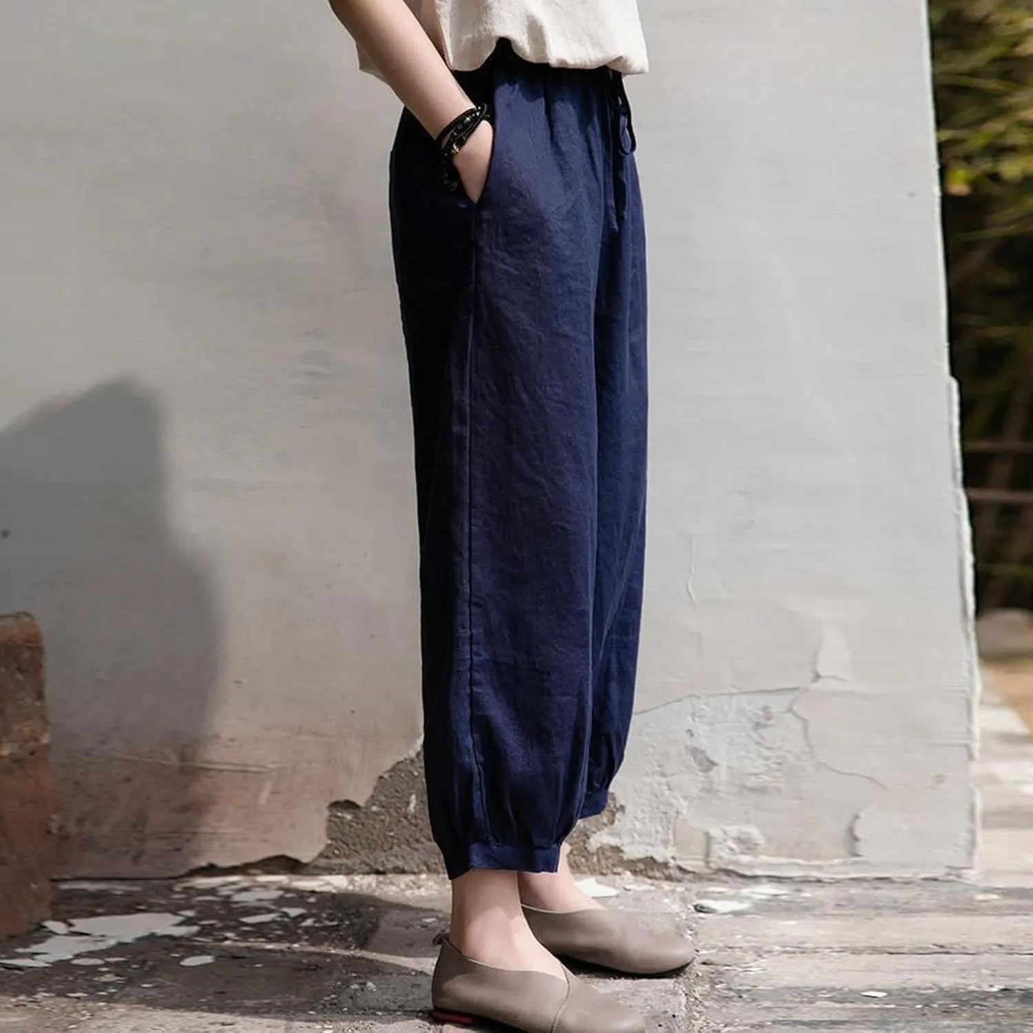 Women's Cotton Linen Summer Casual Flowy Pant Trousers High Waist Stretchy Straight Plus Size Pant