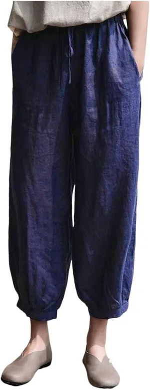 Women's Cotton Linen Summer Casual Flowy Pant Trousers High Waist Stretchy Straight Plus Size Pant