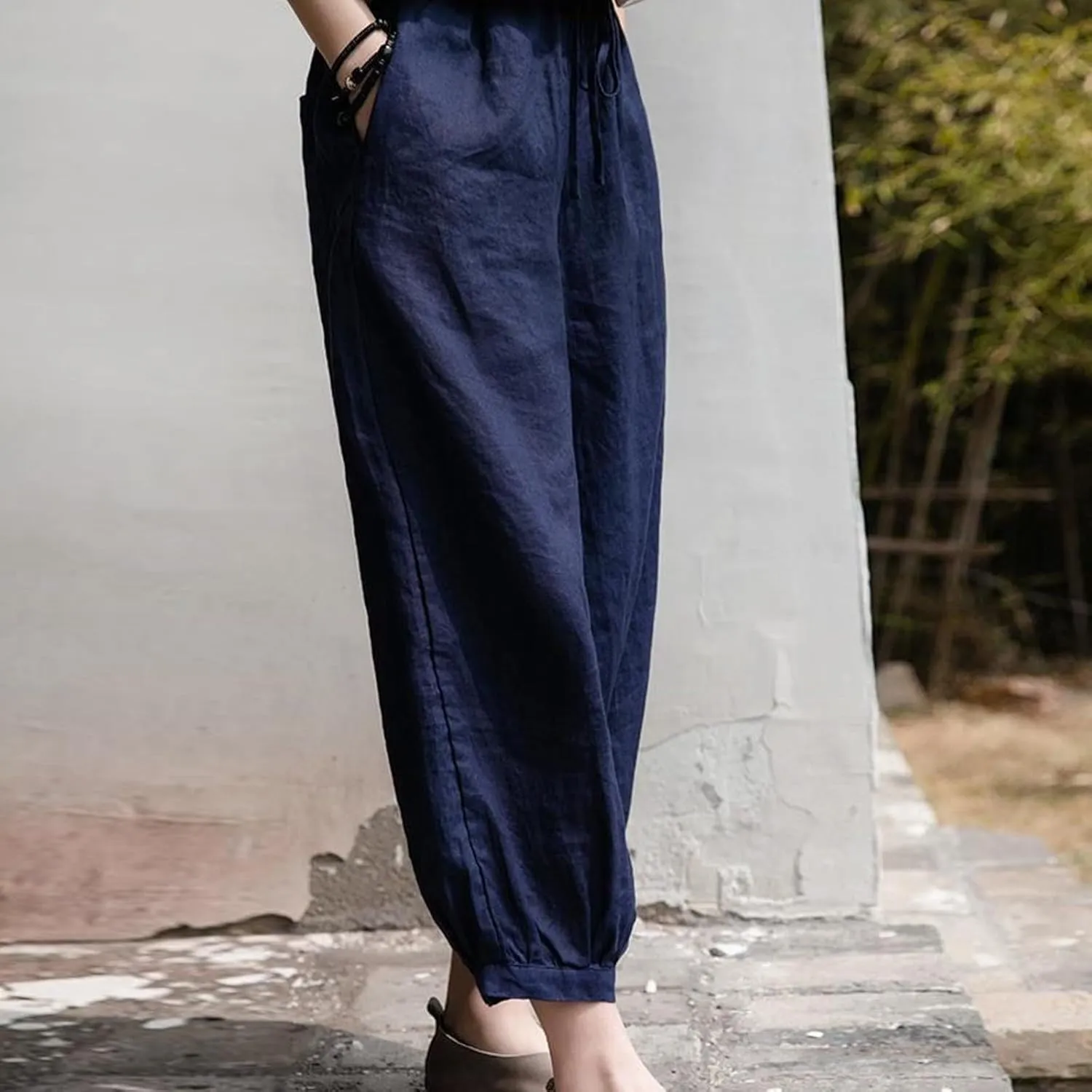 Women's Cotton Linen Summer Casual Flowy Pant Trousers High Waist Stretchy Straight Plus Size Pant