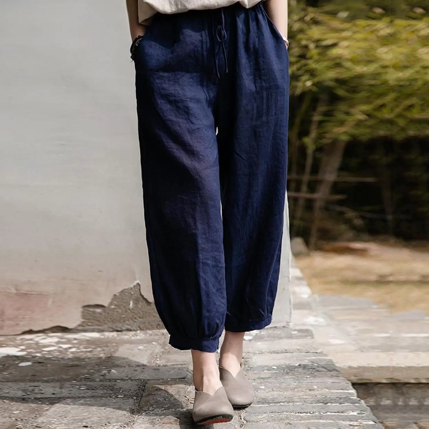 Women's Cotton Linen Summer Casual Flowy Pant Trousers High Waist Stretchy Straight Plus Size Pant