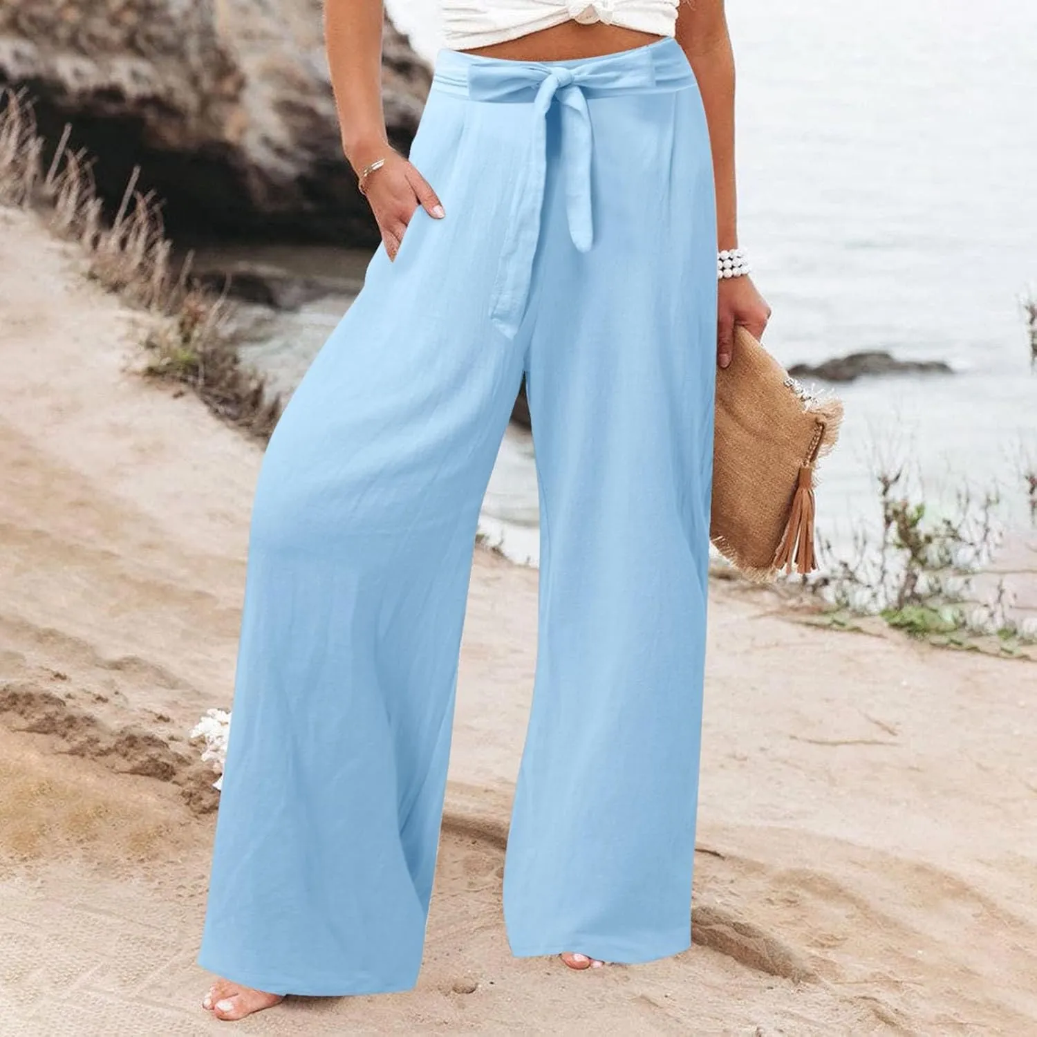 Women's Cotton Linen Summer Casual Loose Palazzo Lounge Pants Elastic Waist Lounge Pants Loose Fit Palazzo
