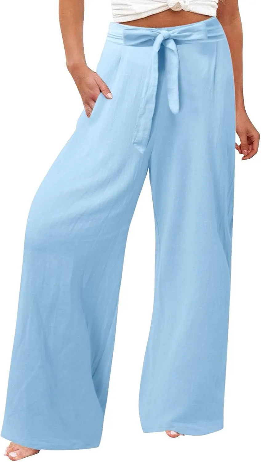 Women's Cotton Linen Summer Casual Loose Palazzo Lounge Pants Elastic Waist Lounge Pants Loose Fit Palazzo