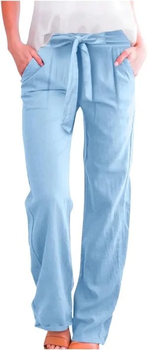 Women's Cotton Linen Summer Casual Loose Palazzo Lounge Pants Elastic Waist Lounge Pants Loose Fit Palazzo