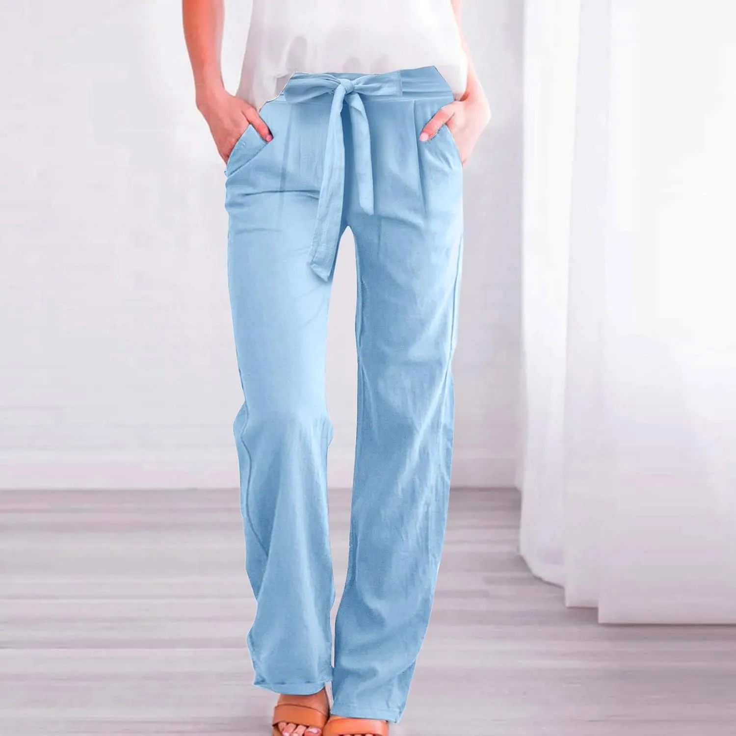 Women's Cotton Linen Summer Casual Loose Palazzo Lounge Pants Elastic Waist Lounge Pants Loose Fit Palazzo