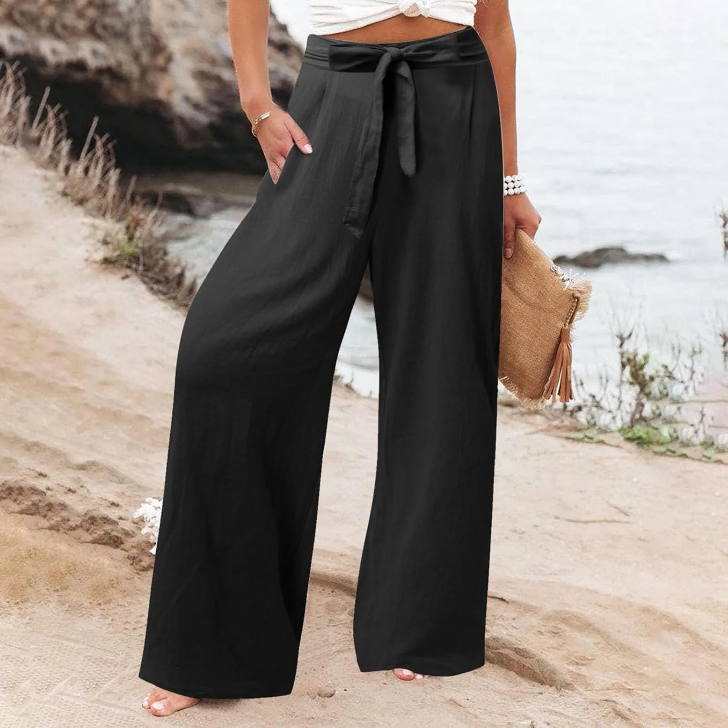 Women's Cotton Linen Summer Casual Loose Palazzo Lounge Pants Elastic Waist Lounge Pants Loose Fit Palazzo