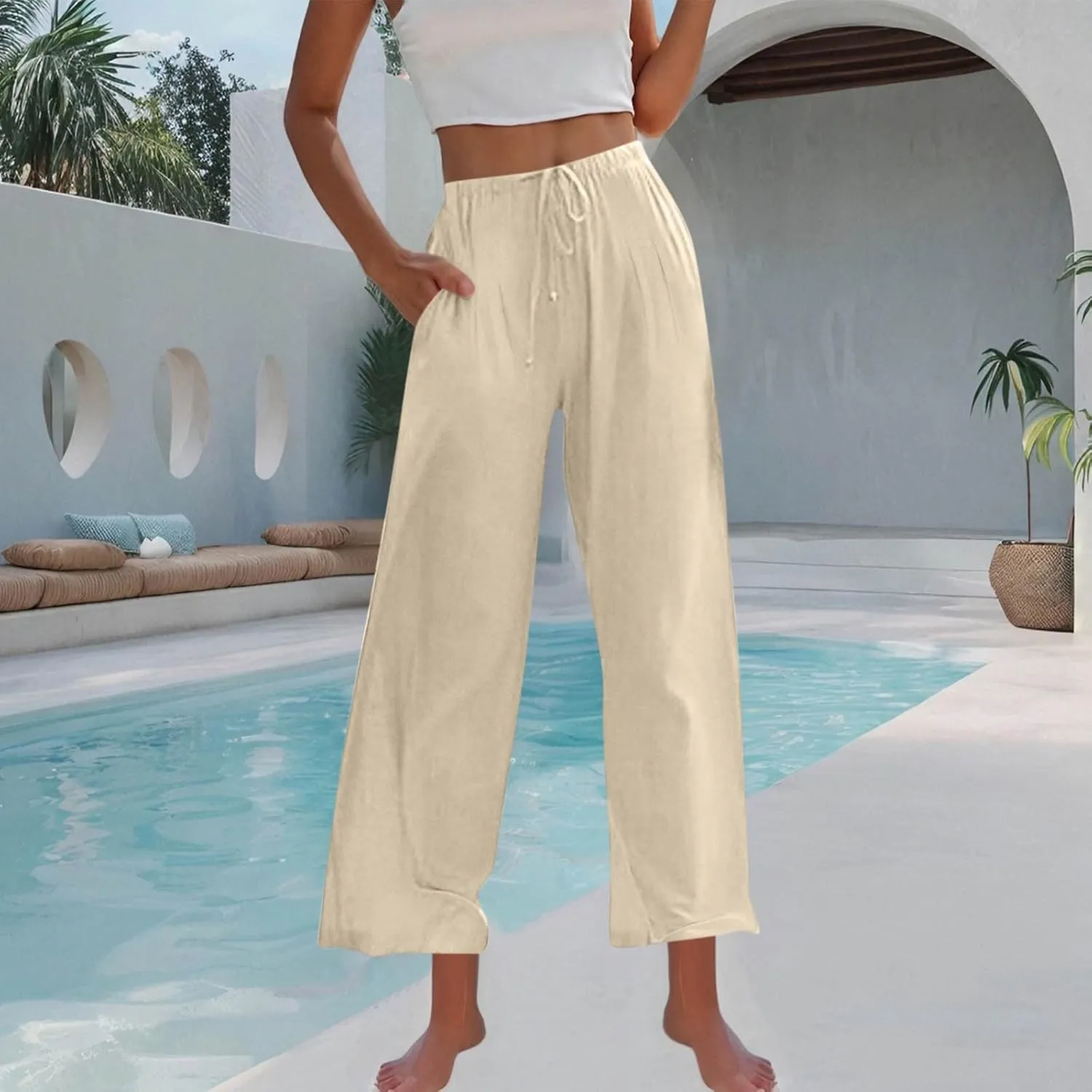 Women's Cotton Linen Summer Palazzo Pants Drawstring Elastic Waist Causal Flowy Wide Leg Beach Trousers with Pockets