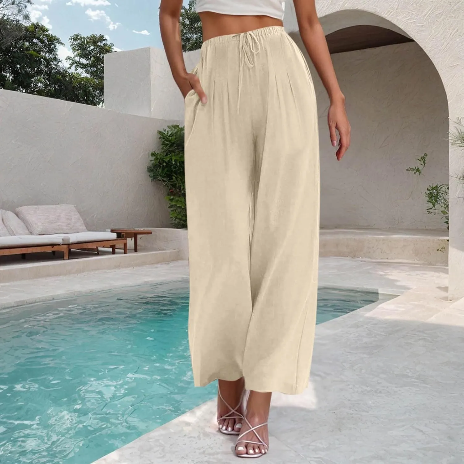 Women's Cotton Linen Summer Palazzo Pants Drawstring Elastic Waist Causal Flowy Wide Leg Beach Trousers with Pockets