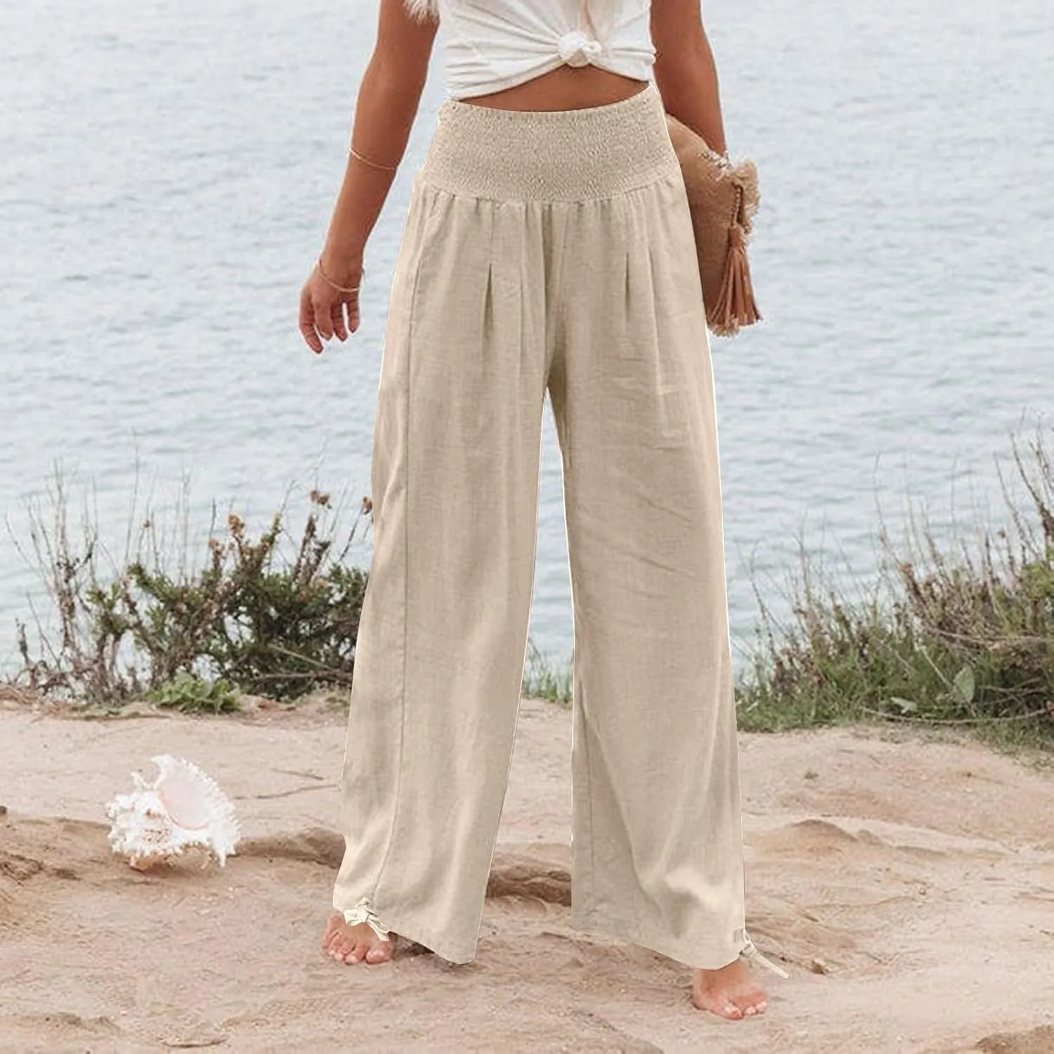 Women's Cotton Linen Summer Palazzo Pants Flowy Wide Leg Beach Trousers Smocked High Waisted Slacks with Pockets
