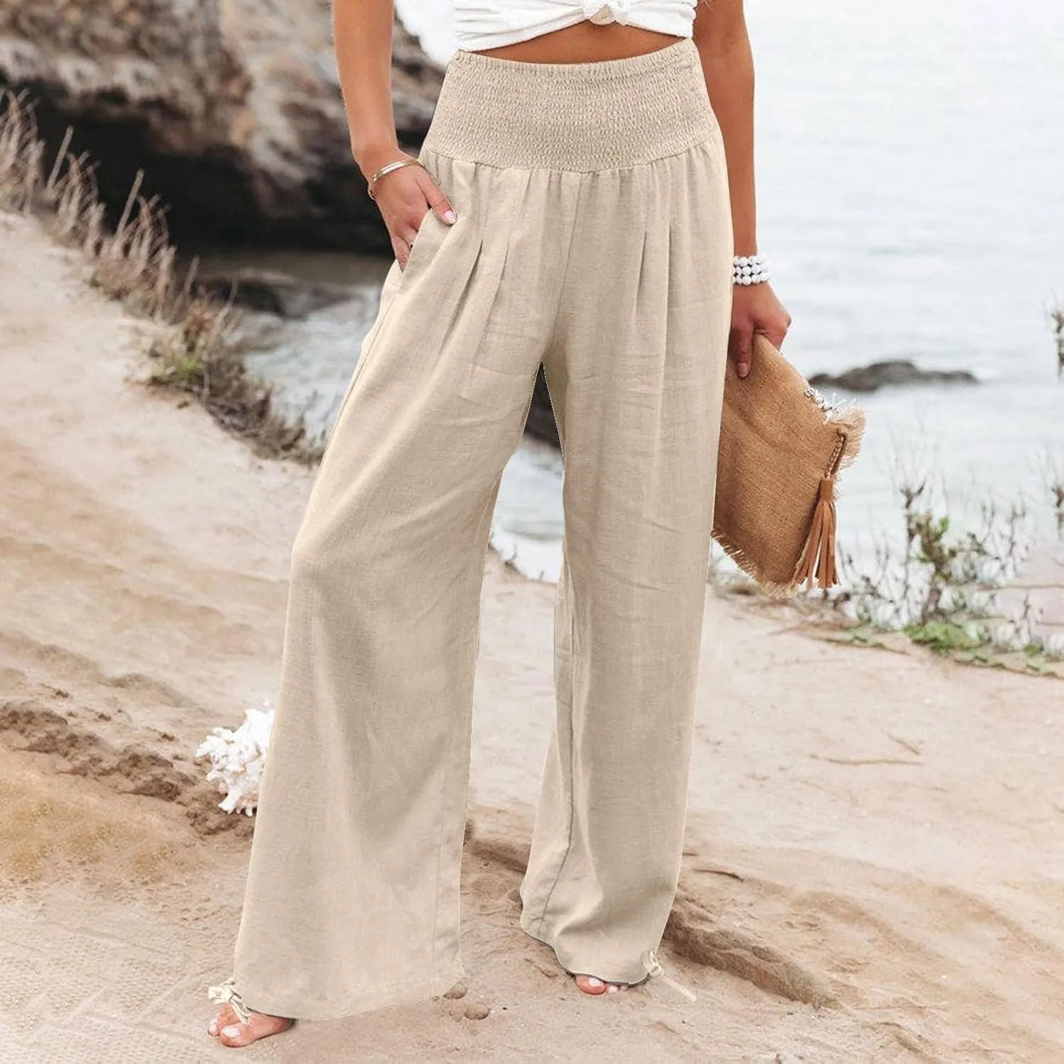 Women's Cotton Linen Summer Palazzo Pants Flowy Wide Leg Beach Trousers Smocked High Waisted Slacks with Pockets