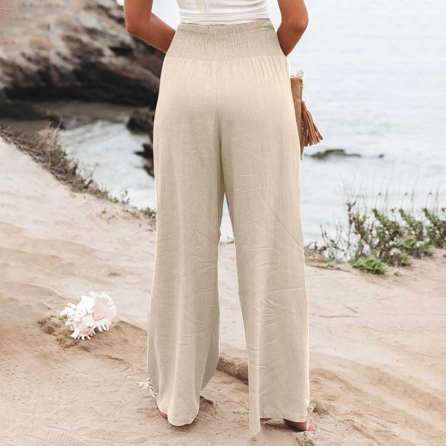 Women's Cotton Linen Summer Palazzo Pants Flowy Wide Leg Beach Trousers Smocked High Waisted Slacks with Pockets