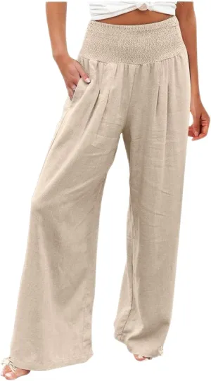 Women's Cotton Linen Summer Palazzo Pants Flowy Wide Leg Beach Trousers Smocked High Waisted Slacks with Pockets