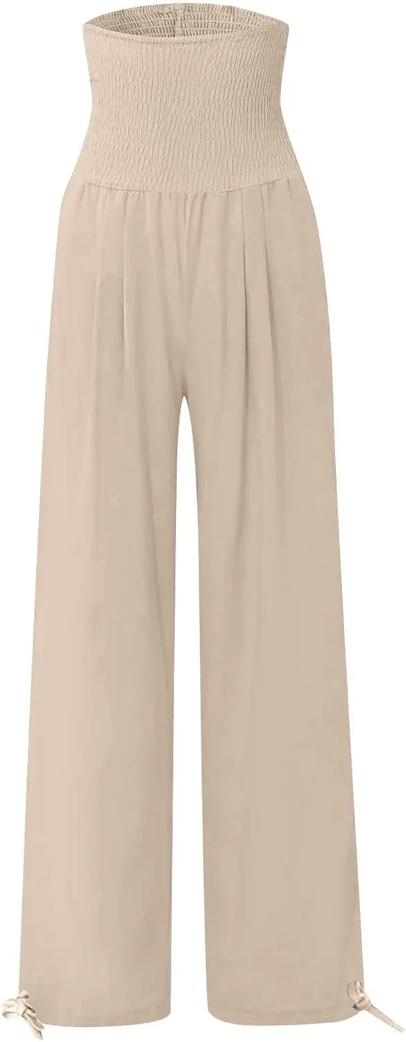 Women's Cotton Linen Summer Palazzo Pants Flowy Wide Leg Beach Trousers Smocked High Waisted Slacks with Pockets