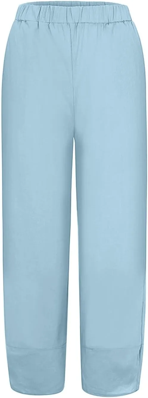Women's Cotton Linen Summer Printed Pants Elastic Waisted Stretchy Slim Fit Pant Trousers Vacation