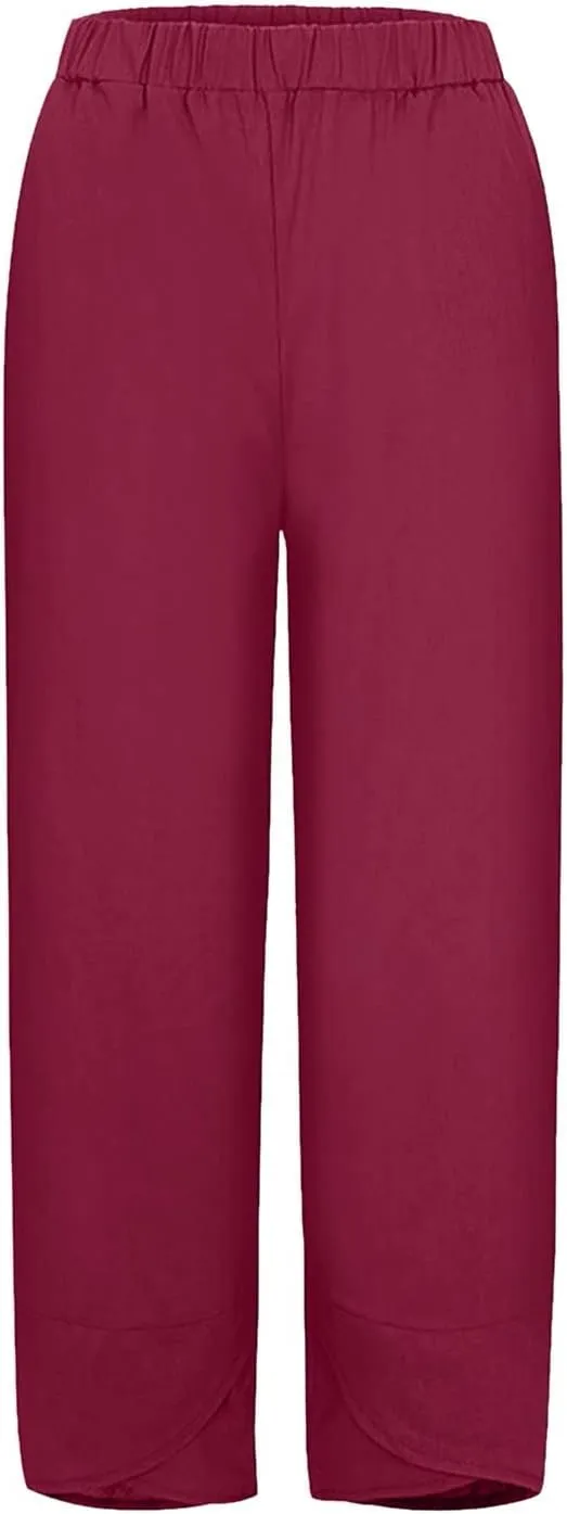 Women's Cotton Linen Trousers Summer Causal Straight Leg Solid Color Loose Fit Pants Lounge Palazzo Pants with Pockets