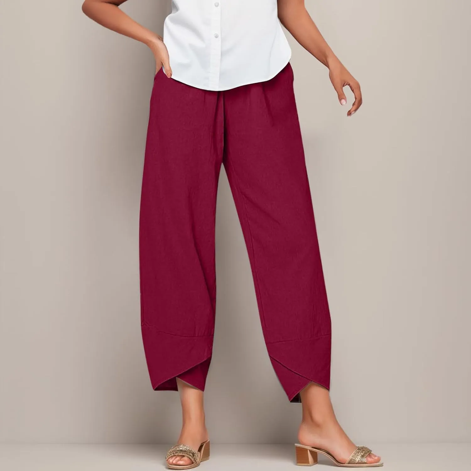 Women's Cotton Linen Trousers Summer Causal Straight Leg Solid Color Loose Fit Pants Lounge Palazzo Pants with Pockets