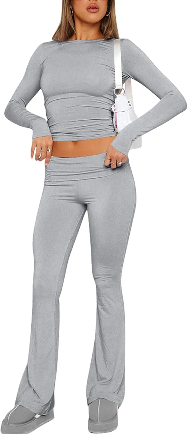 Women's Cotton Lounge Flared Legging Set Two Piece Outfits Basic Long Sleeve Crop Tops Low Rise Fold Over Yoga Pants