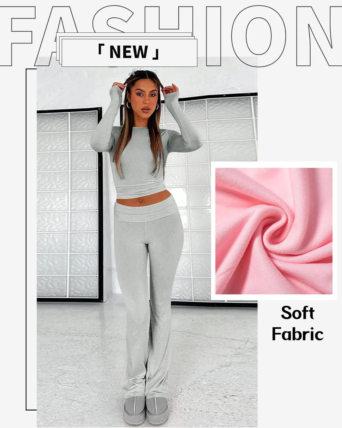 Women's Cotton Lounge Flared Legging Set Two Piece Outfits Basic Long Sleeve Crop Tops Low Rise Fold Over Yoga Pants
