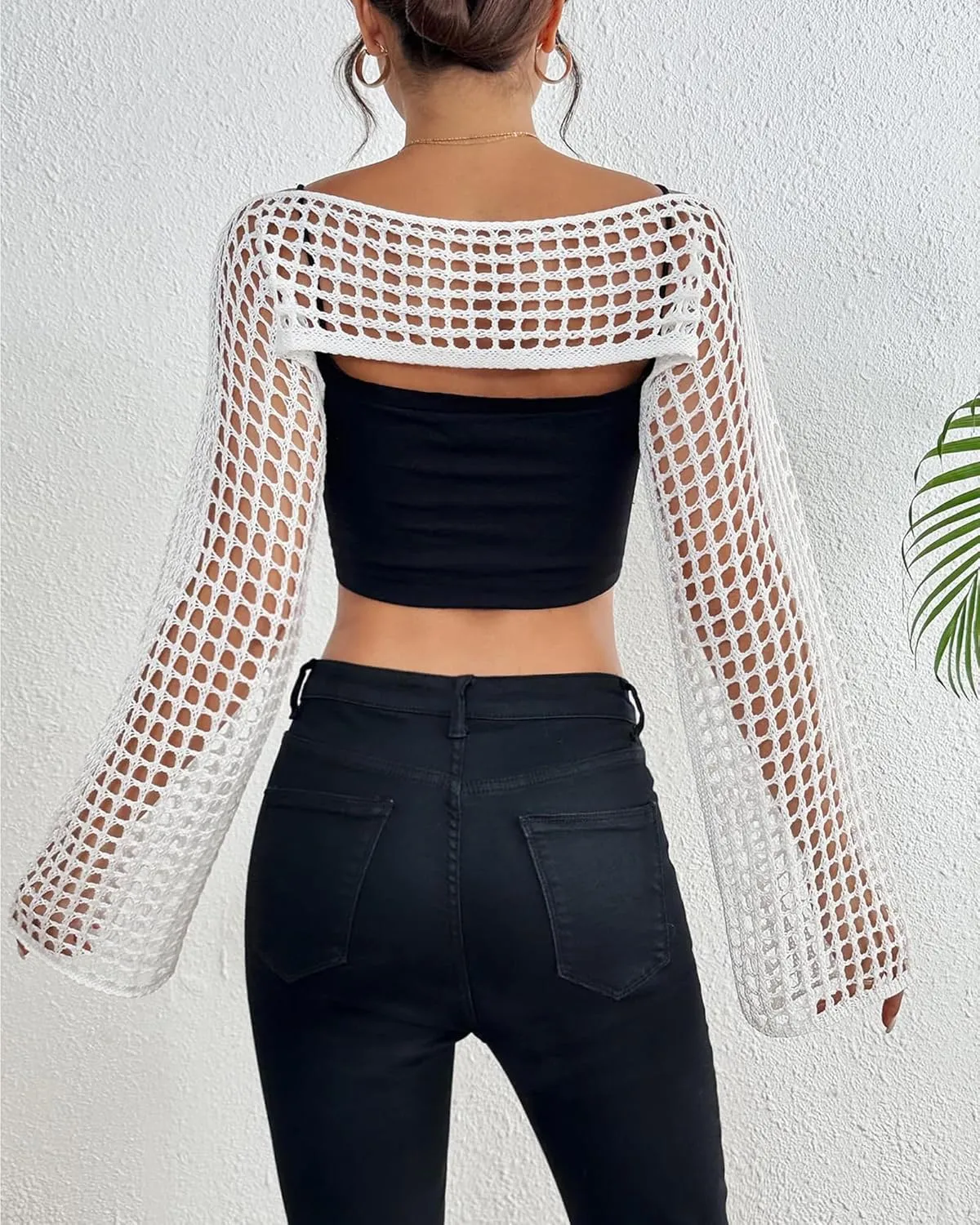 Womens Crochet Crop Tops Y2k Knit Shrug Sweater Hollow Out Long Sleeve Bikini See Through Cover Ups