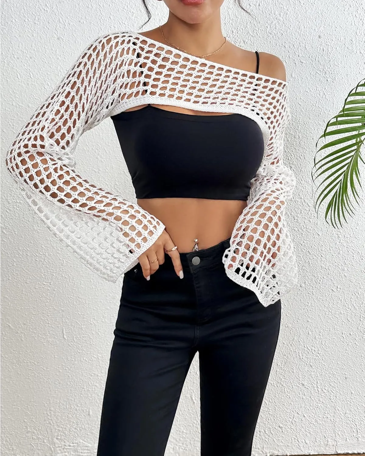 Womens Crochet Crop Tops Y2k Knit Shrug Sweater Hollow Out Long Sleeve Bikini See Through Cover Ups