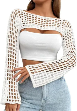 Womens Crochet Crop Tops Y2k Knit Shrug Sweater Hollow Out Long Sleeve Bikini See Through Cover Ups