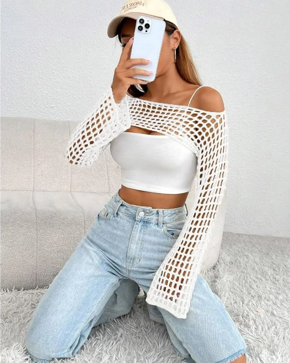 Womens Crochet Crop Tops Y2k Knit Shrug Sweater Hollow Out Long Sleeve Bikini See Through Cover Ups