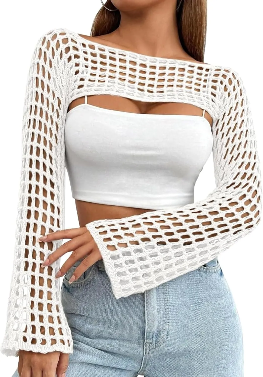 Womens Crochet Crop Tops Y2k Knit Shrug Sweater Hollow Out Long Sleeve Bikini See Through Cover Ups